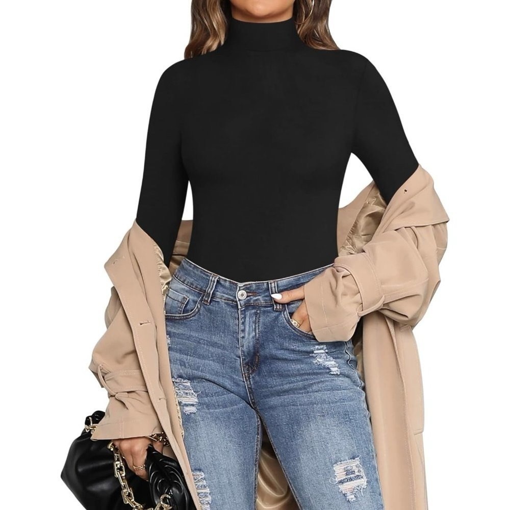 Women's Mock Turtle Neck Long Sleeve Tops Bodysuit Jumpsuit M